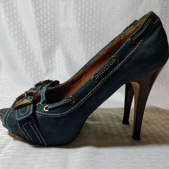 Zara Woman Blue Suede Open Toe Heels - Picture 2 of 8